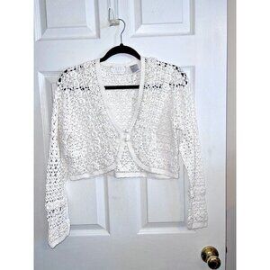 Vintage 90s Y2K White Crochet  Grunge Coastal Boho Sequin Beaded Crop Cardigan